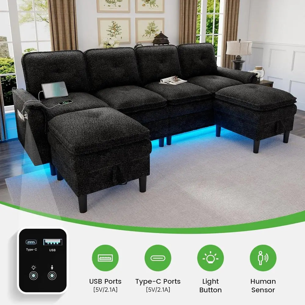 LISM Sectional Couch With Charging Station And Storage Ottoman
