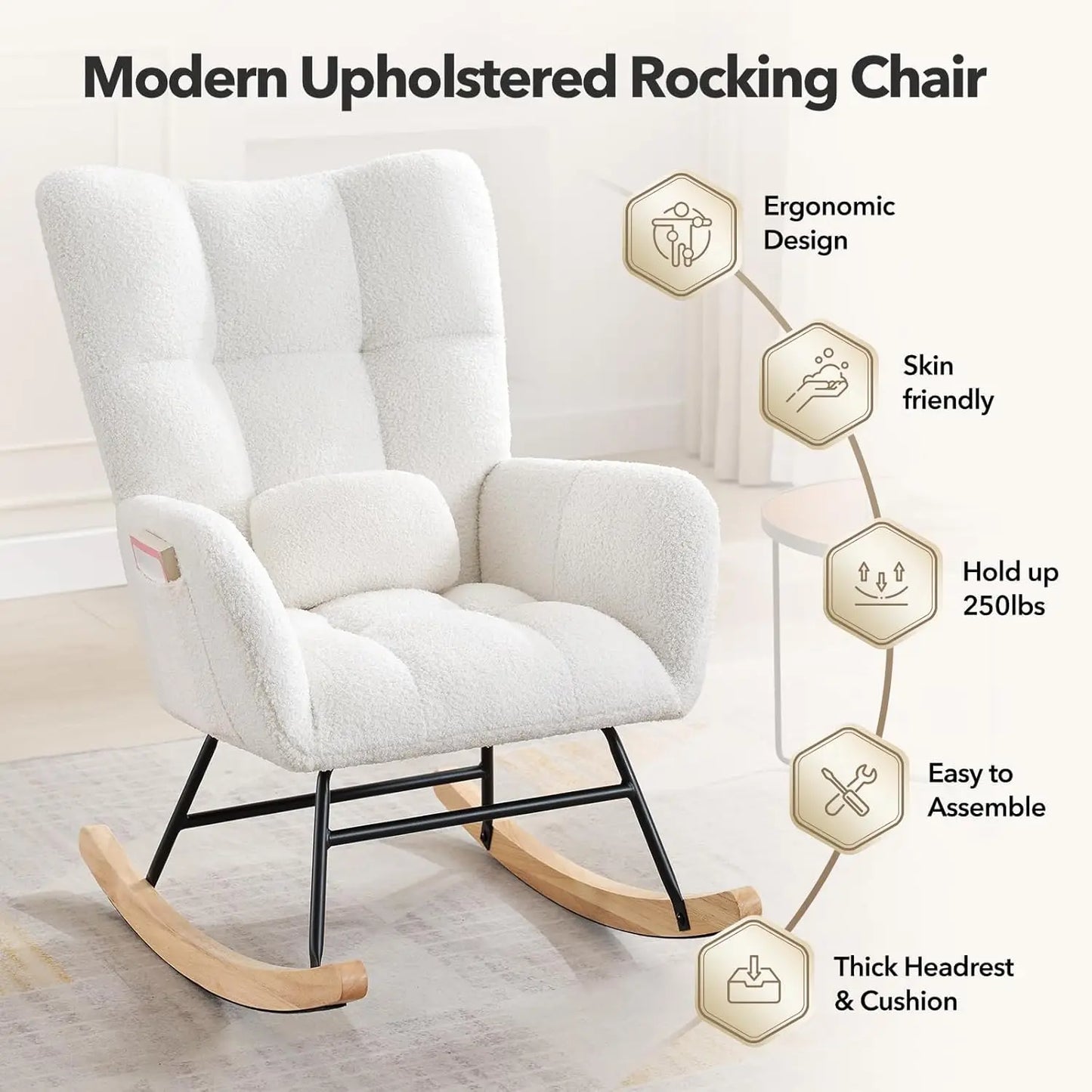Studyset Modern Upholstered Nursery Rocker Chair With Side Pocket