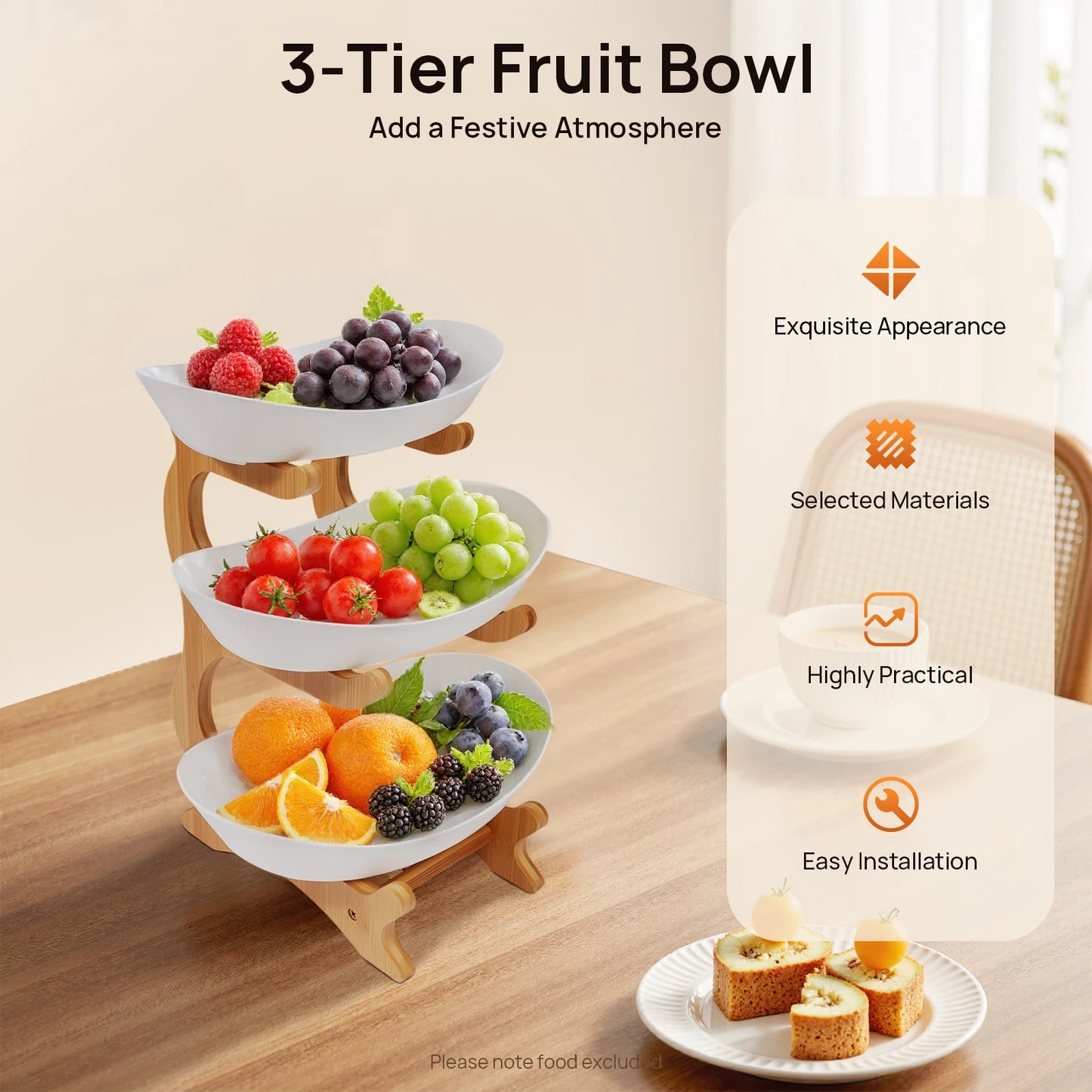 3 Tier Fruit Plate With Bamboo Stand For Party Desserts