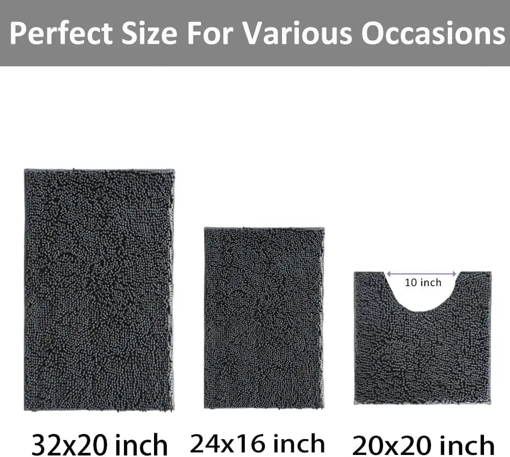 Chenille Bath Rug Set 3 Piece Non Slip Mats Backing