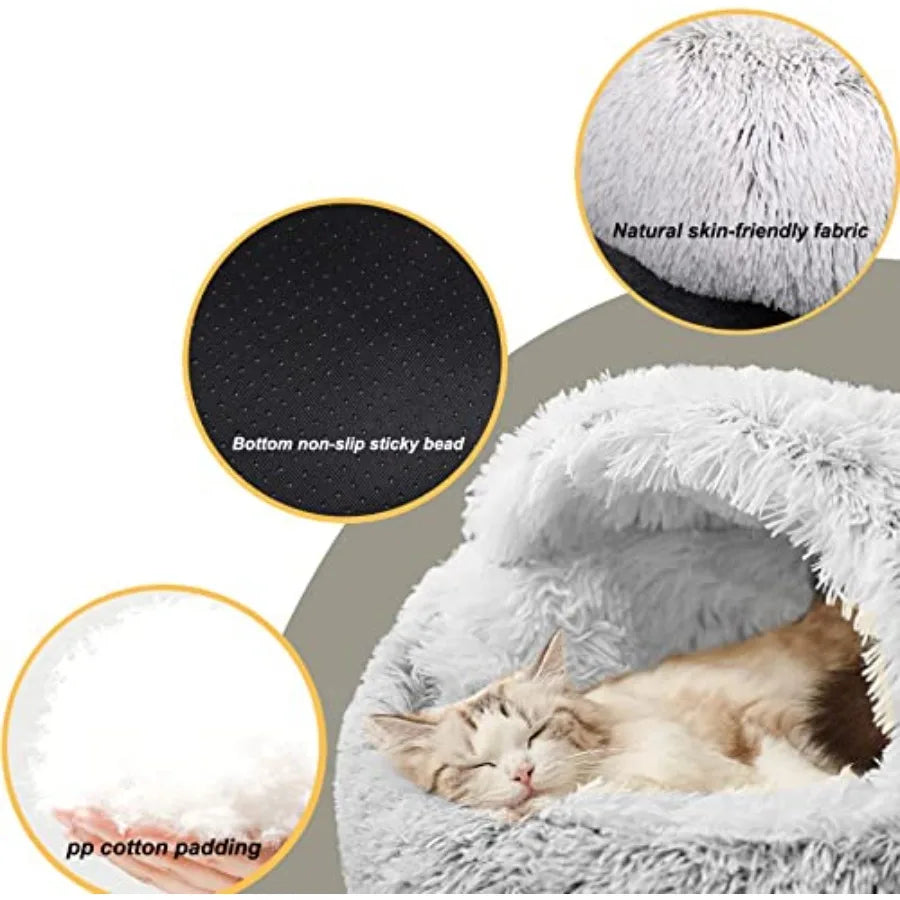 Hooded Cat Cave Bed For Small Pets, Plush Fur Nest