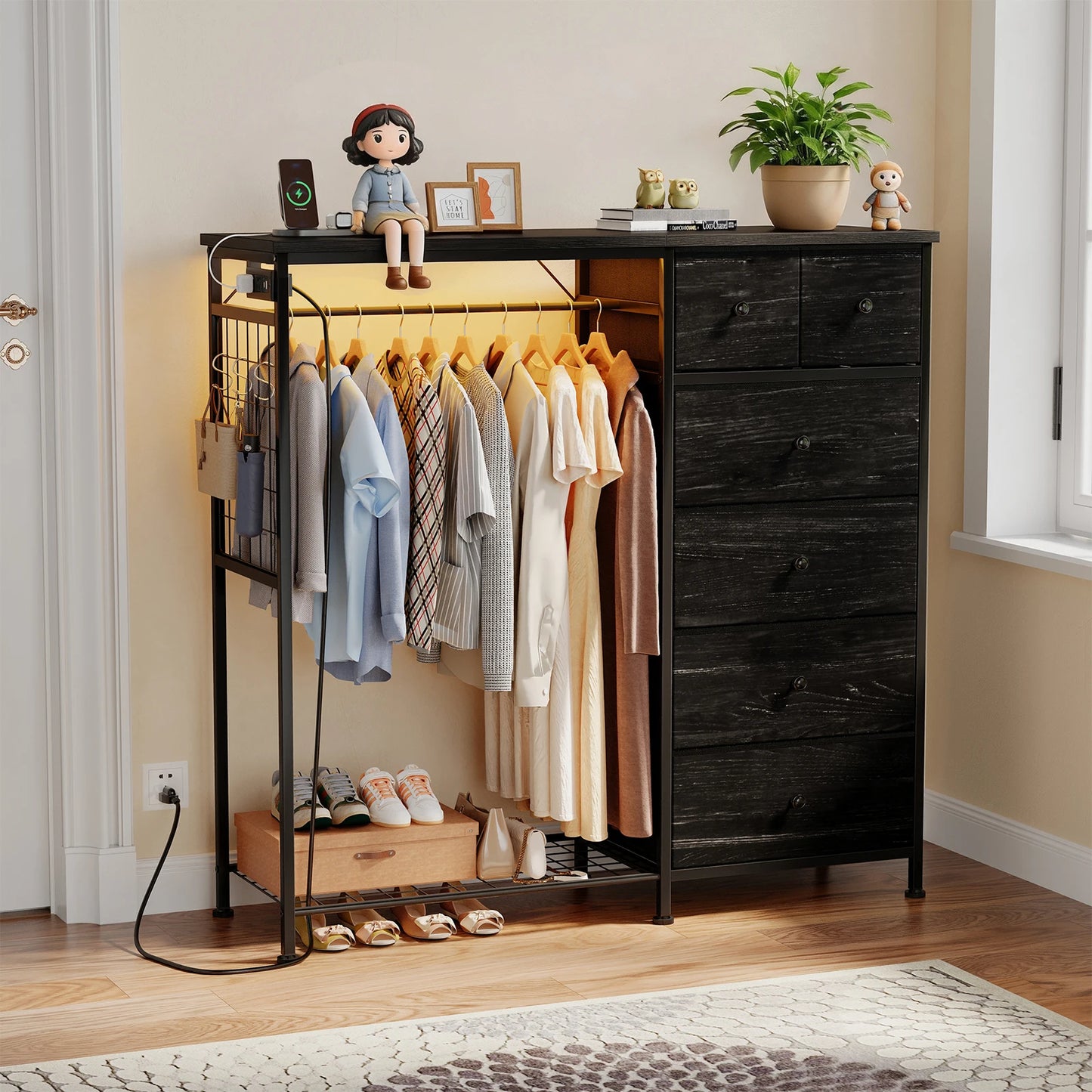 JHK Living Room Fabric Dresser With Hanging Rack And LED Lights