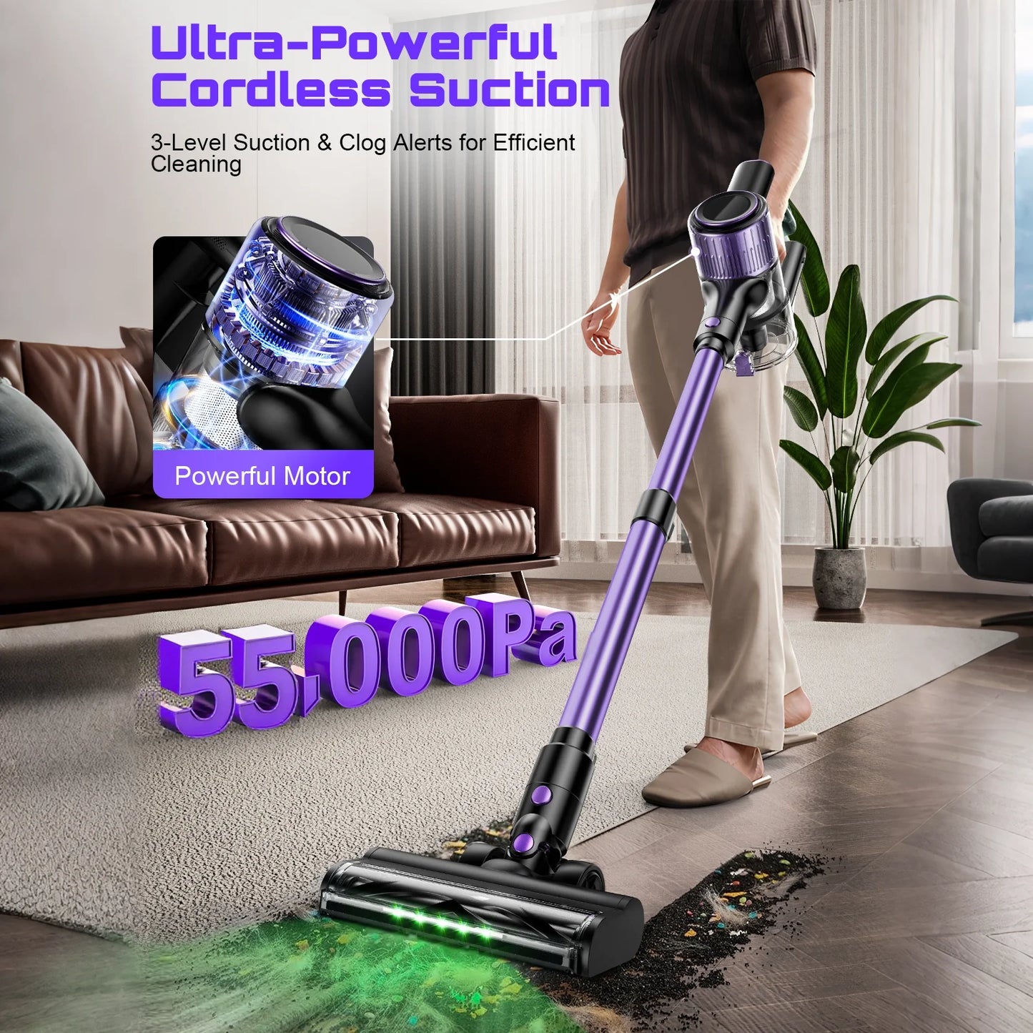SUXIANGVAC Cordless Vacuum Cleaner 55Kpa 500W Lightweight For Home