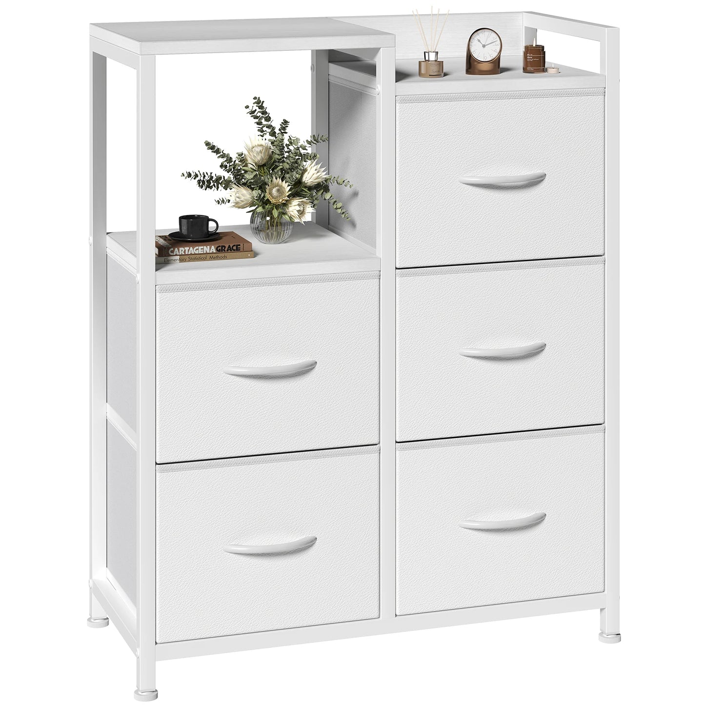 JHK 5 Fabric Drawer Chest With Raised Shelf Metal Frame