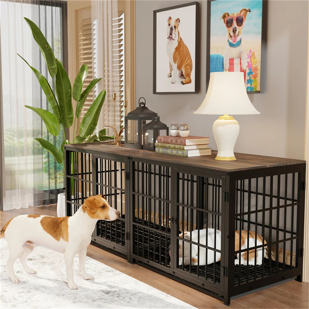 BORWART Wooden Dog Crate End Table With 3 Doors Tray