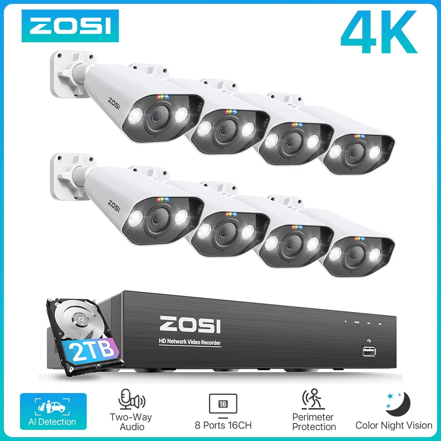 ZOSI 8CH POE 4K CCTV SystemPro With AI Night Vision