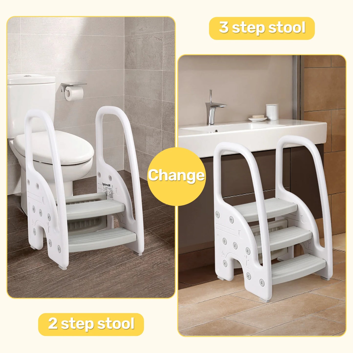 Toddler Step Stool With Handles, 3-Step Plastic Stool For Bathroom