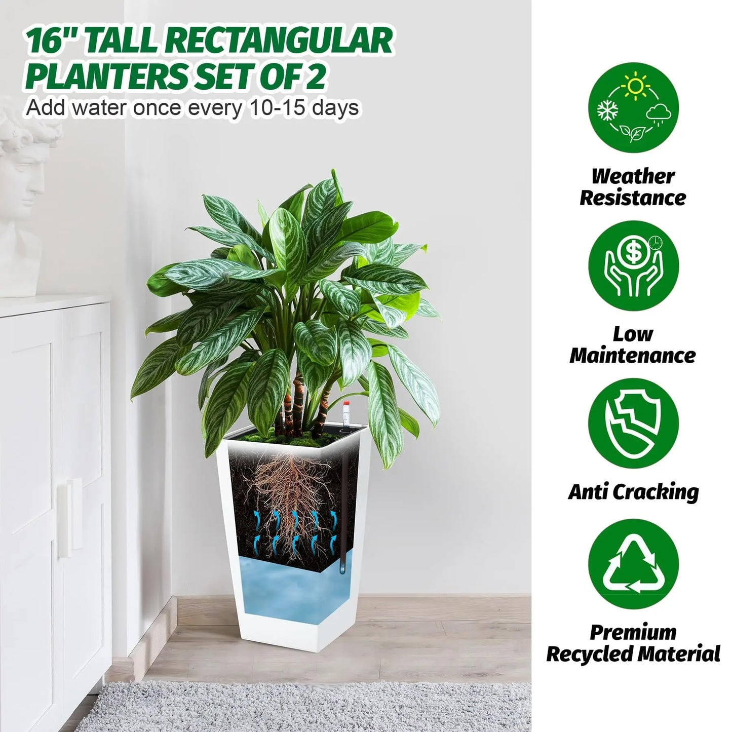 HiMISS Self Watering Planters Set Of 2 For Indoor And Outdoor Use