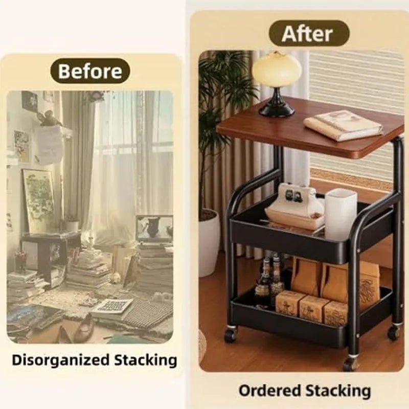Three-Tier Metal Rolling Storage Cart With Walnut Wood Top Lockable Wheels