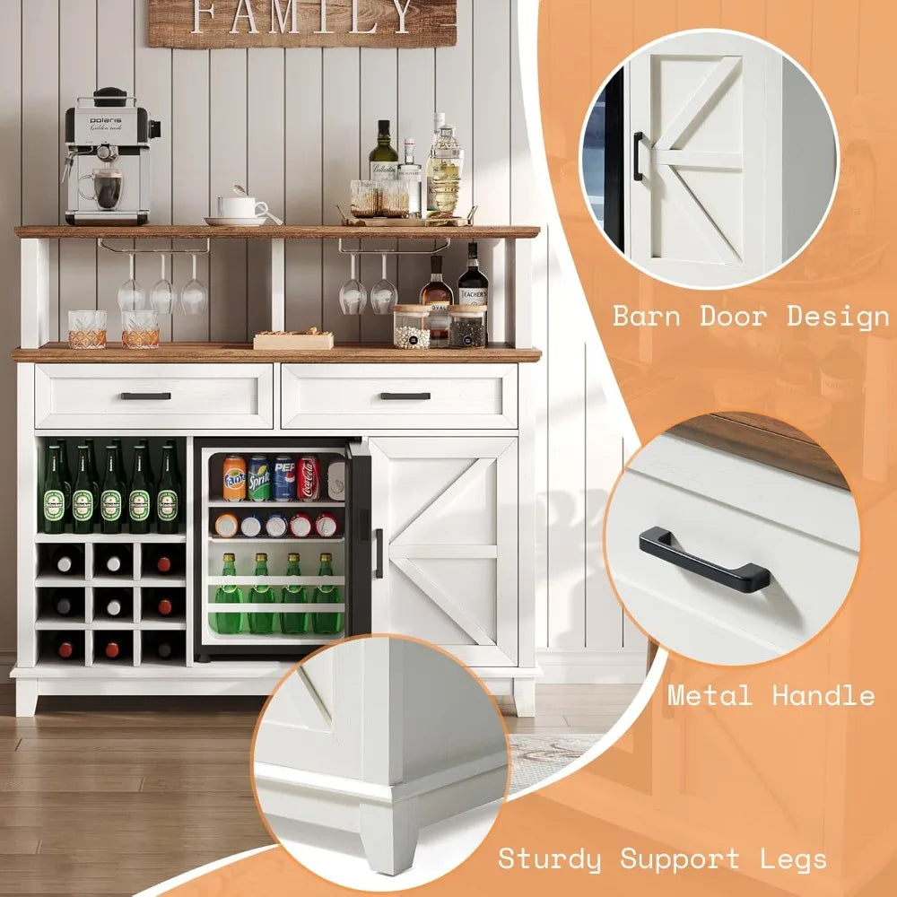 Farmhouse Coffee Bar Cabinet With Refrigerator Wine Rack