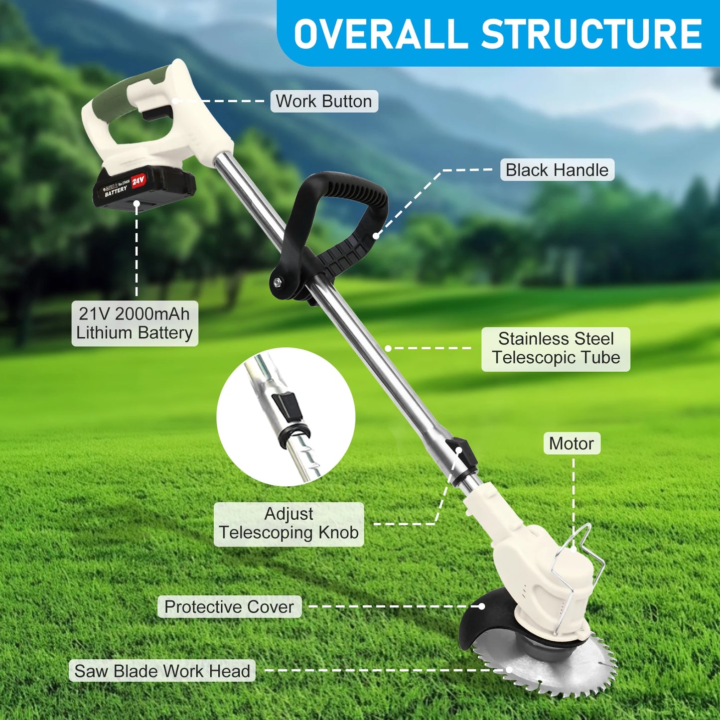 21V Cordless Grass Trimmer 3-In-1 With 2x2.0Ah Batteries