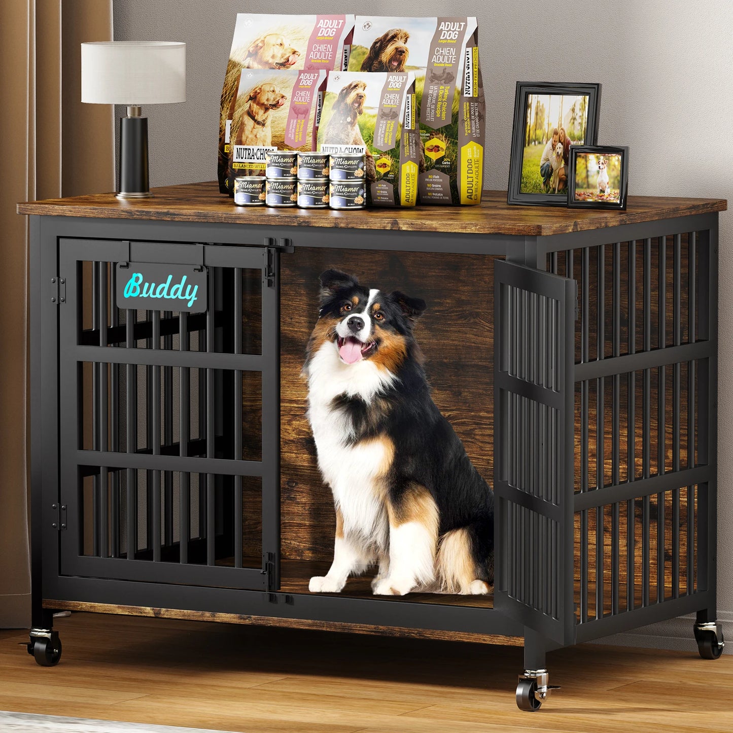 Furniture Style Dog Crate With Casters For Indoor Use