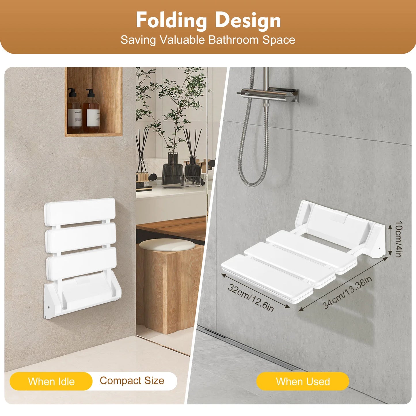 90 Degree Folding Shower Seat Wall Mounted Aluminum Bench