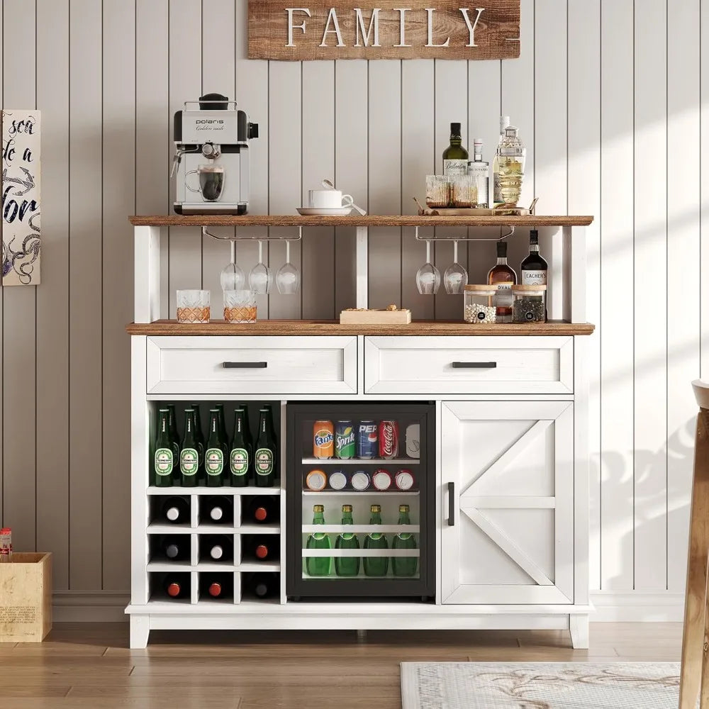 Farmhouse Coffee Bar Cabinet With Refrigerator Wine Rack
