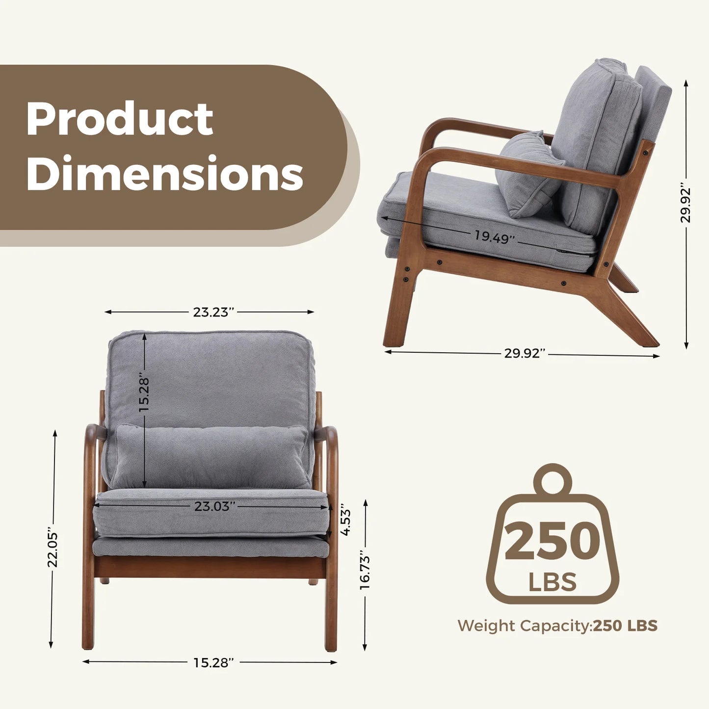 JHK Mid Century Modern Wooden Frame Chair With Armrests