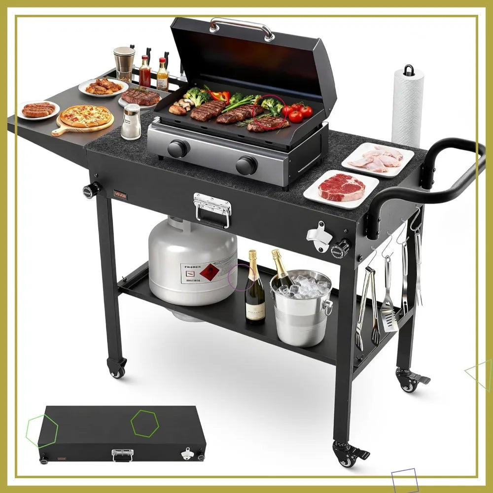 Outdoor Grill Cart With Wheels Foldable Table Tissue Holder Hooks