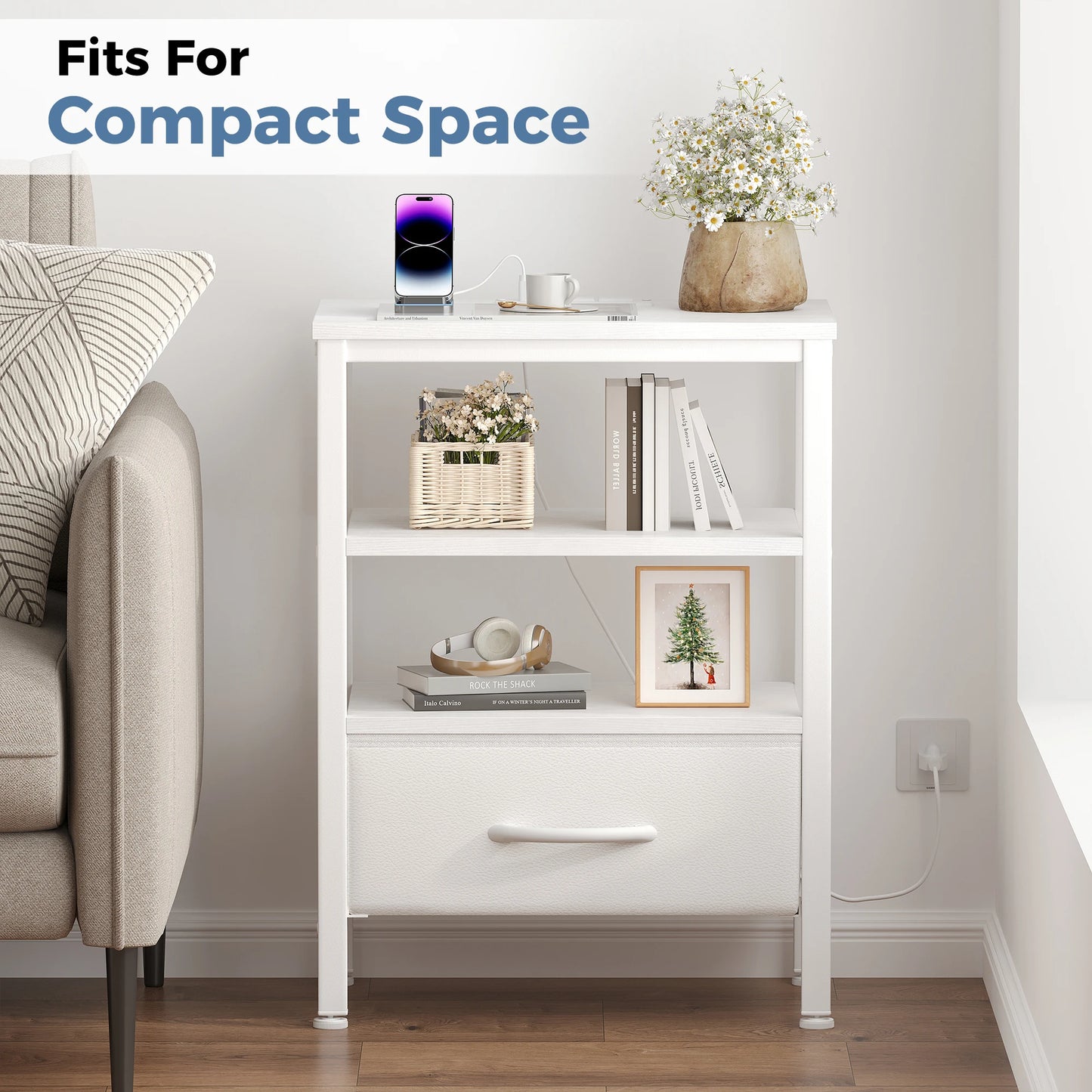 MCQ Nightstand With LED Light Strip Fabric Drawers Charging Station