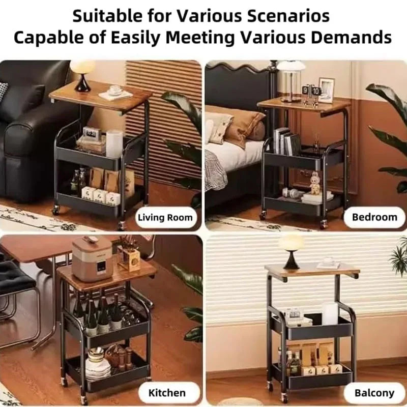 Three-Tier Metal Rolling Storage Cart With Walnut Wood Top Lockable Wheels