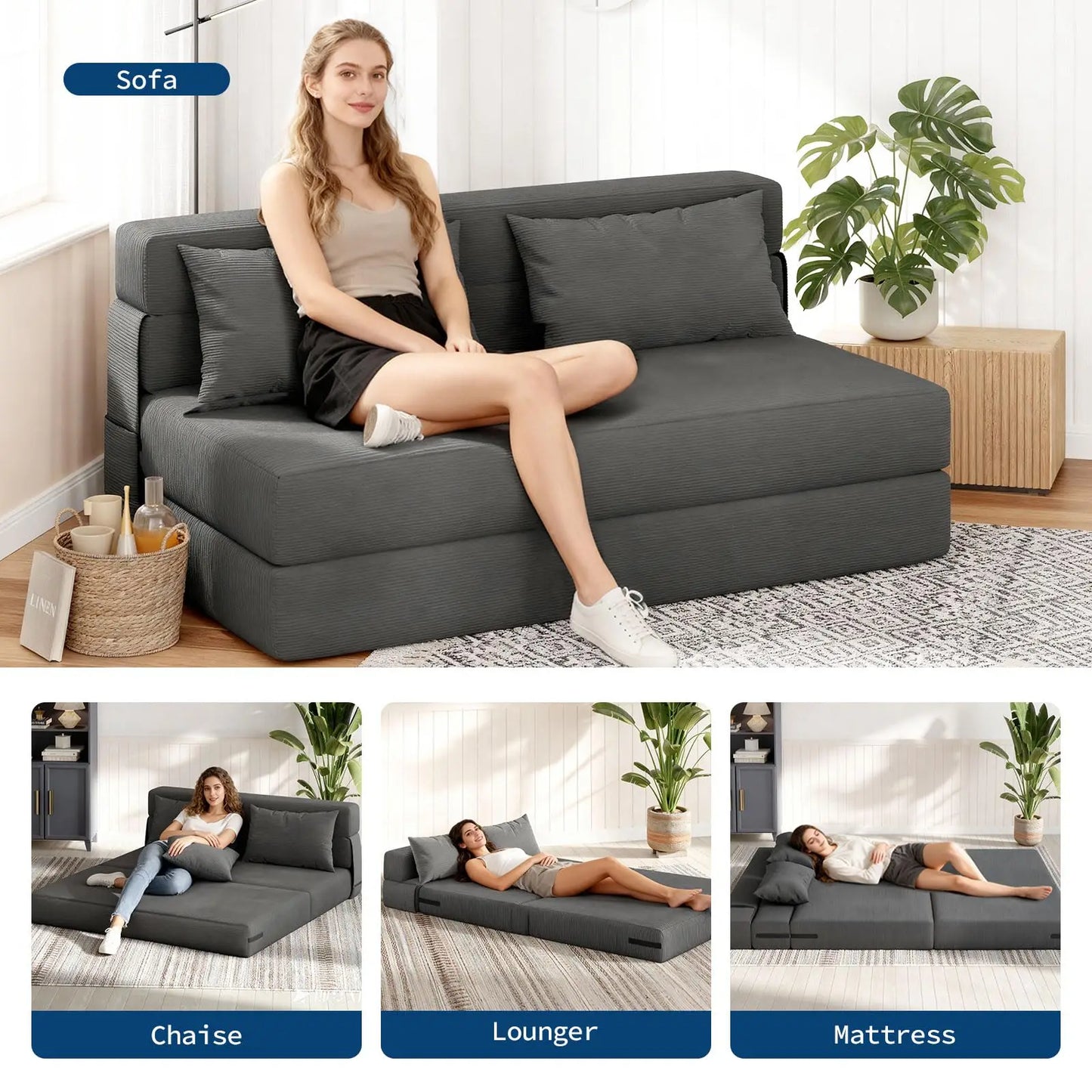 HobbyLane 4-in-1 Folding Sofa Bed Convertible Corduroy Loveseat