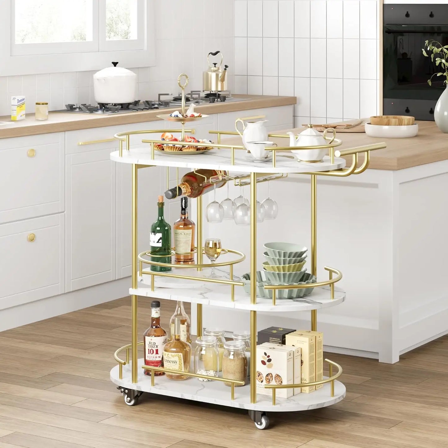 HobbyLane Bar Cart With 4-Tier Shelves On Wheels Wine Rack Glass Holder