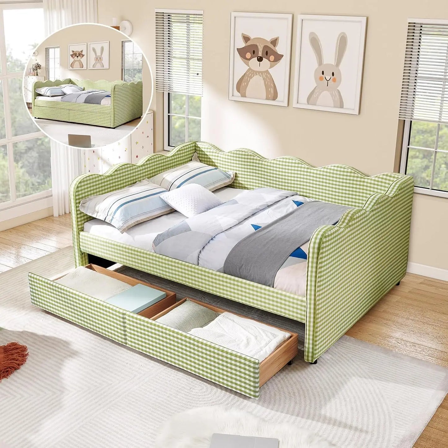 Wave Upholstered Storage Daybed Drawers USB Ports Modern Sofa Bed