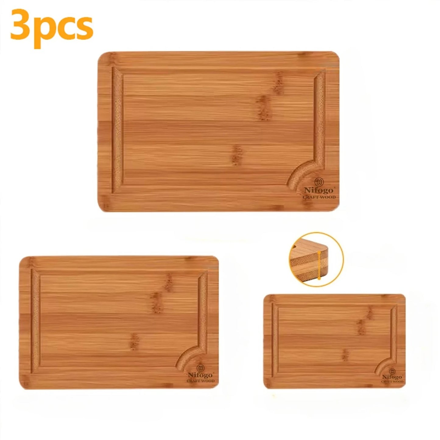 Bamboo Cutting Board Set With Juice Groove 3 Pack Heavy Duty Natural
