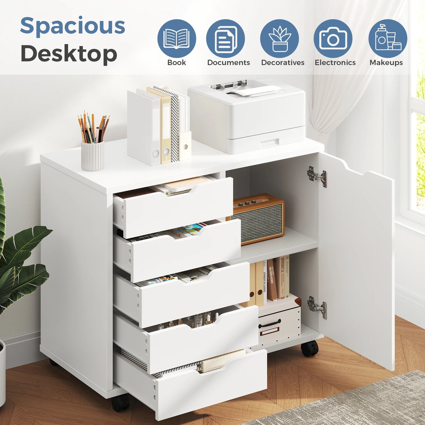 JHK Wood 5-Drawer Rolling File Cabinet With Shelves and Door