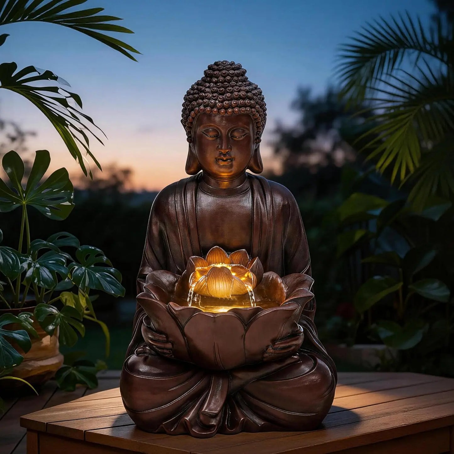 Buddha Outdoor Water Fountain Zen Style Garden With LED Lights