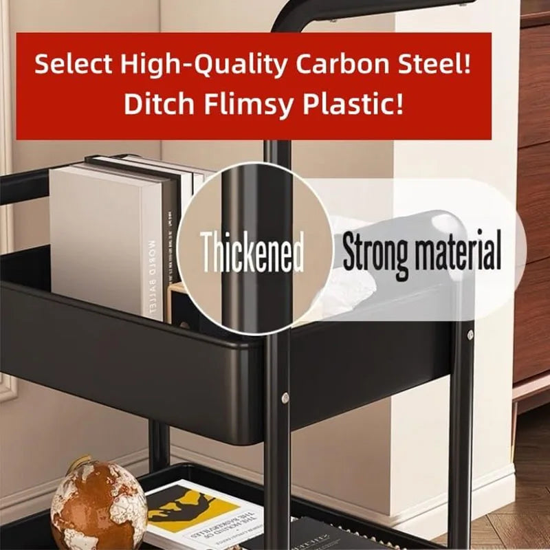 Three-Tier Metal Rolling Storage Cart With Walnut Wood Top Lockable Wheels