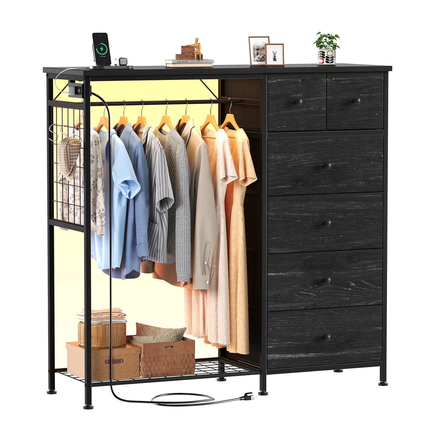 JHK Living Room Fabric Dresser With Hanging Rack And LED Lights