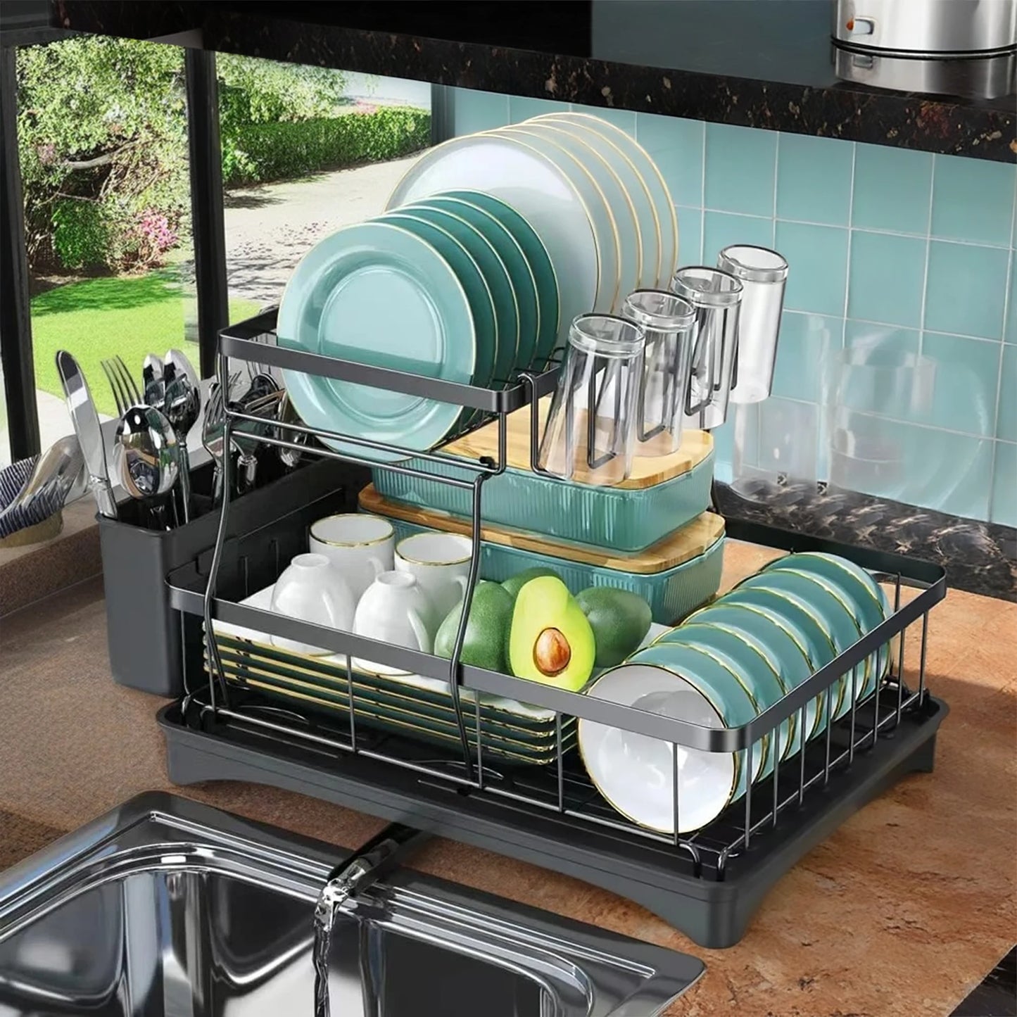 Two-Tier Dish Drying Rack for Kitchen Countertop, Large Capacity