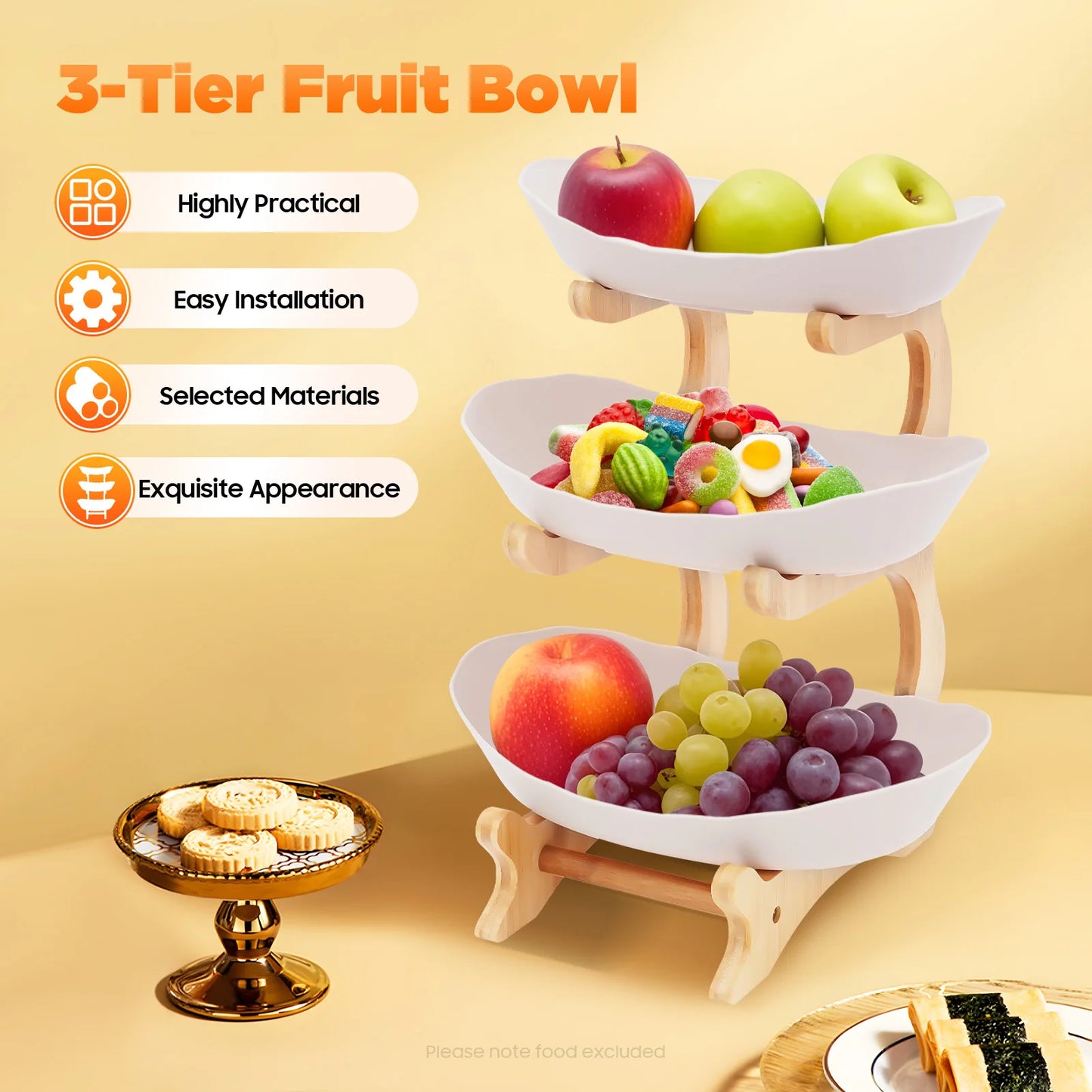 3 Tier Fruit Plate With Bamboo Stand For Party Desserts