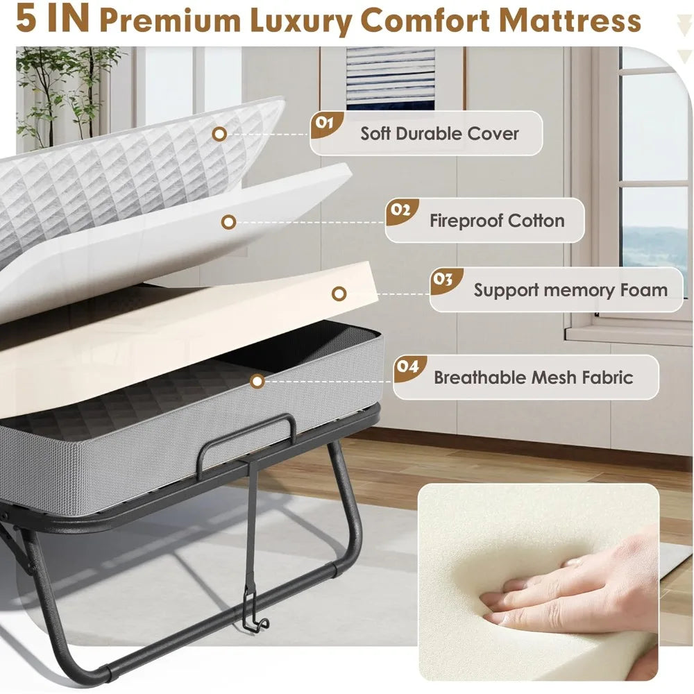 Folding Bed With Memory Foam Mattress Rollaway Guest Bed