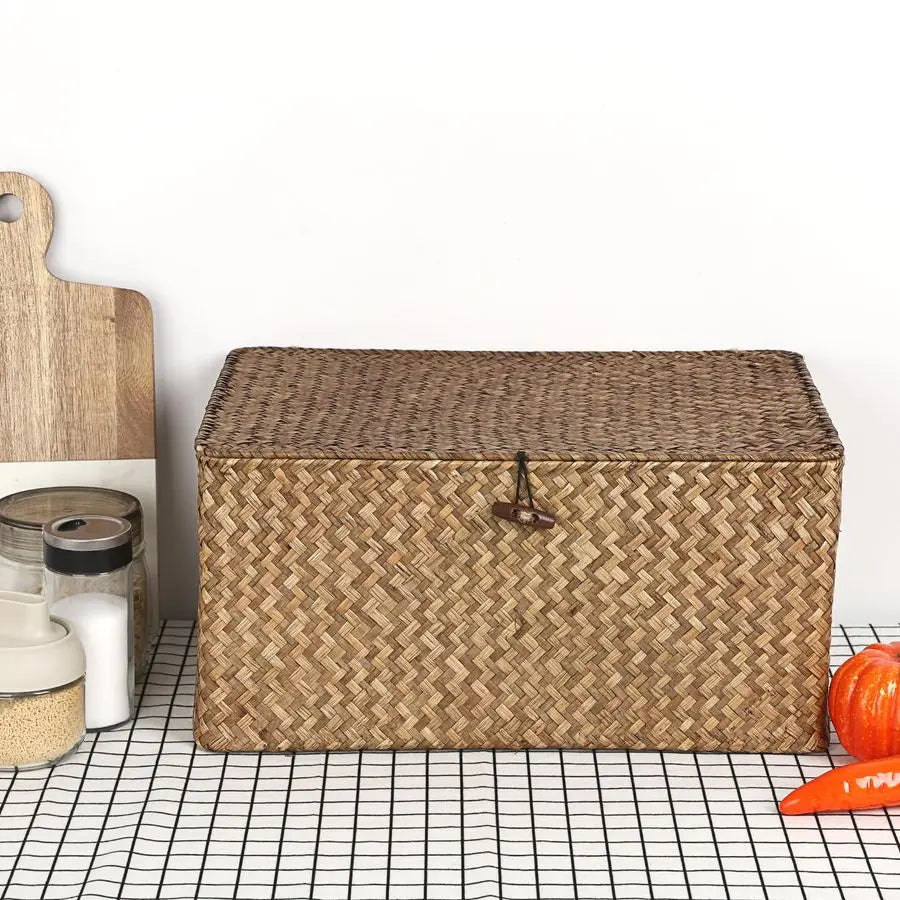 XMSJ Wicker Shelf Baskets With Lid Seagrass Storage Boxes