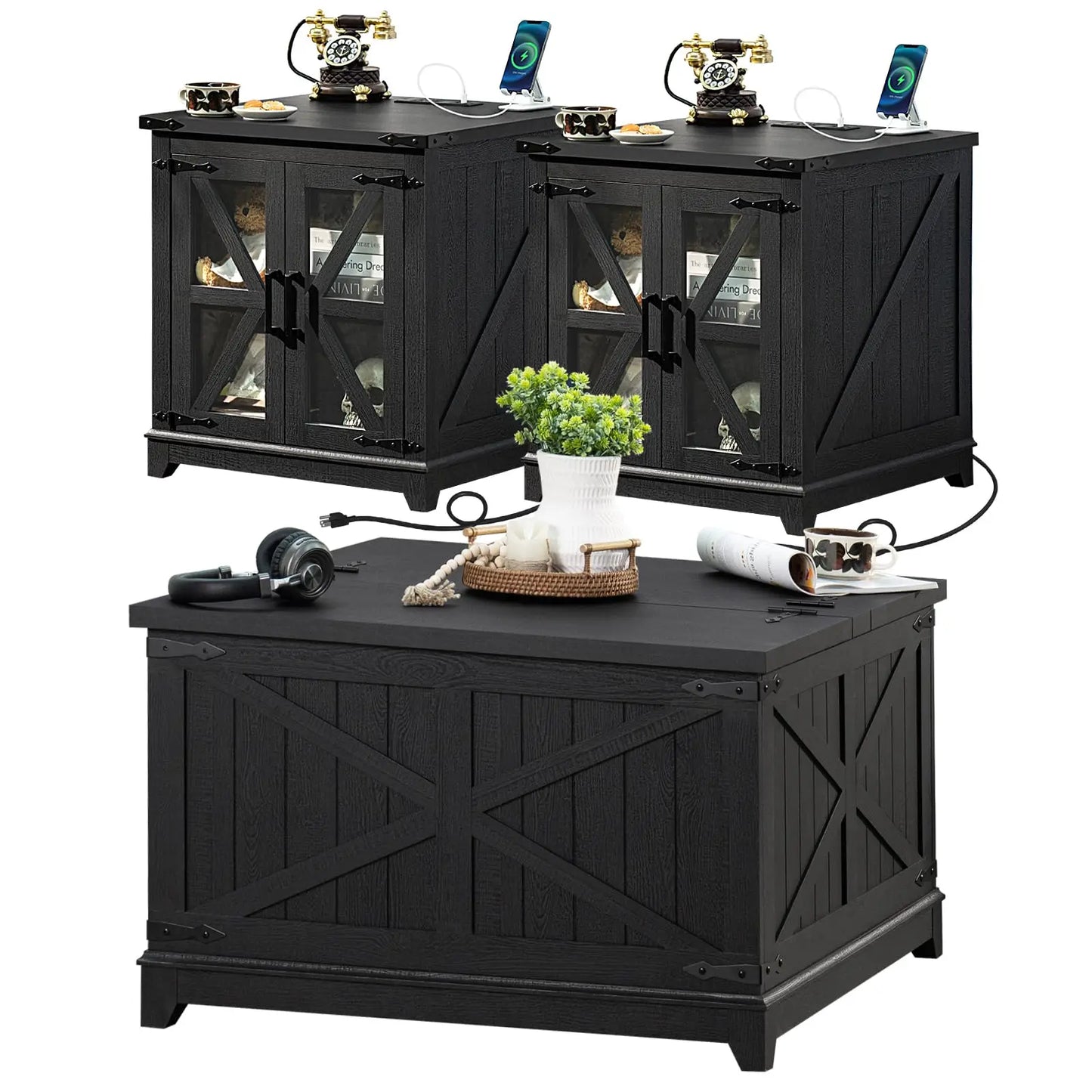 Farmhouse Wood Coffee Table Set 3 Pieces With Charging Station