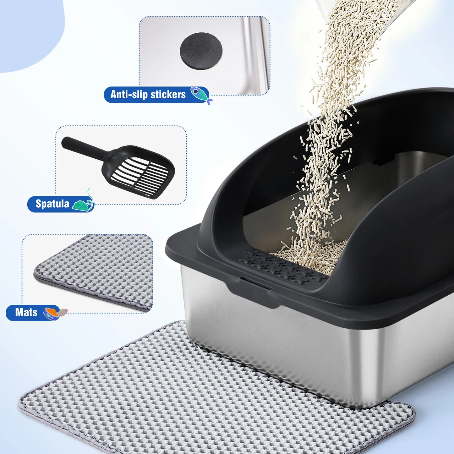 Stainless Steel Cat Litter Box With Lid For Large Cats Scoop Mat Included