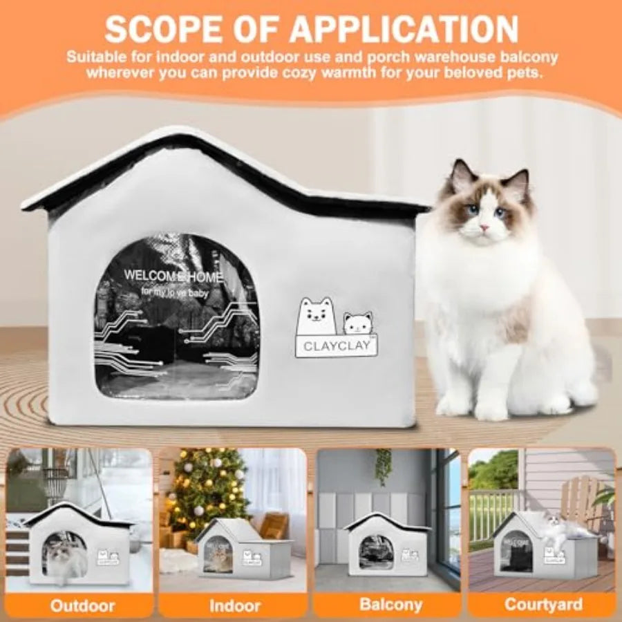 Heated Cat House For Pets Winter Shelter With Heating Pad