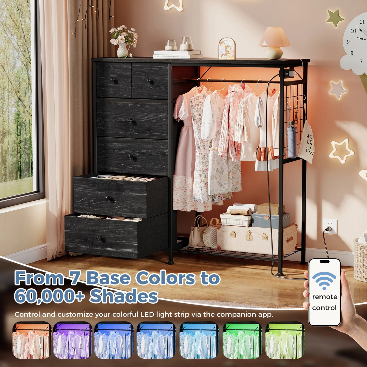 JHK Living Room Fabric Dresser With Hanging Rack And LED Lights