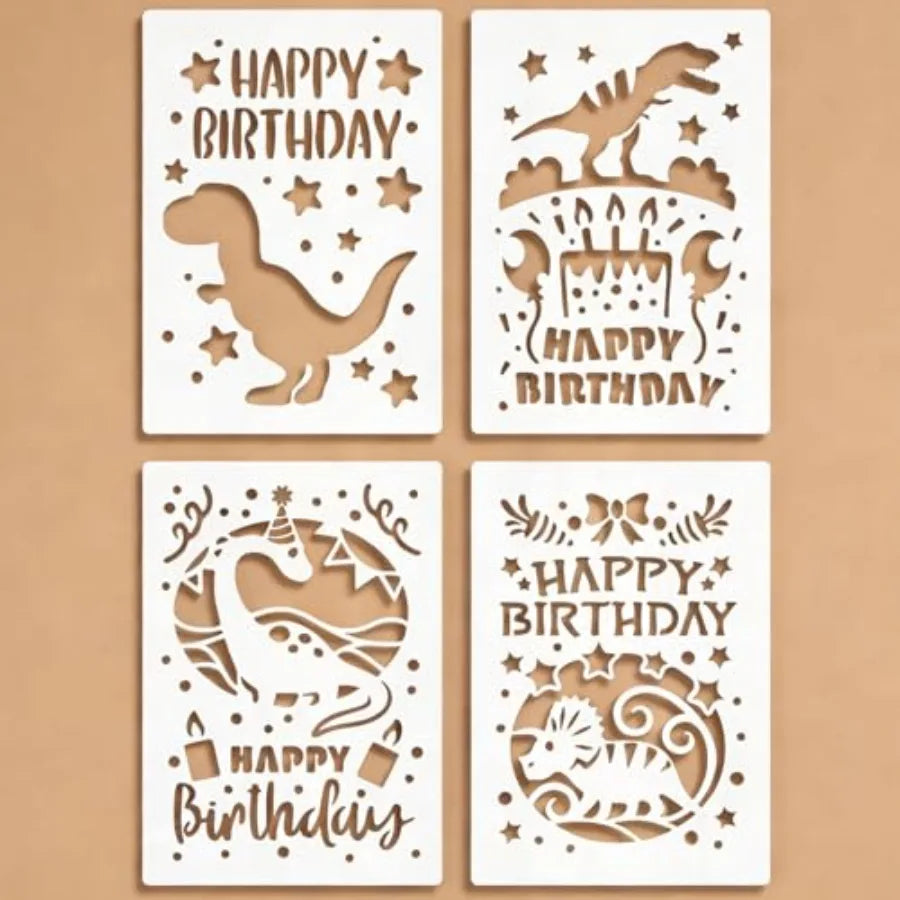Happy Birthday Stencil Set 4 Pcs for Painting on Plastic Dinosaur Theme
