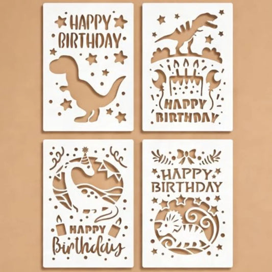 Happy Birthday Stencil Set 4 Pcs for Painting on Plastic Dinosaur Theme