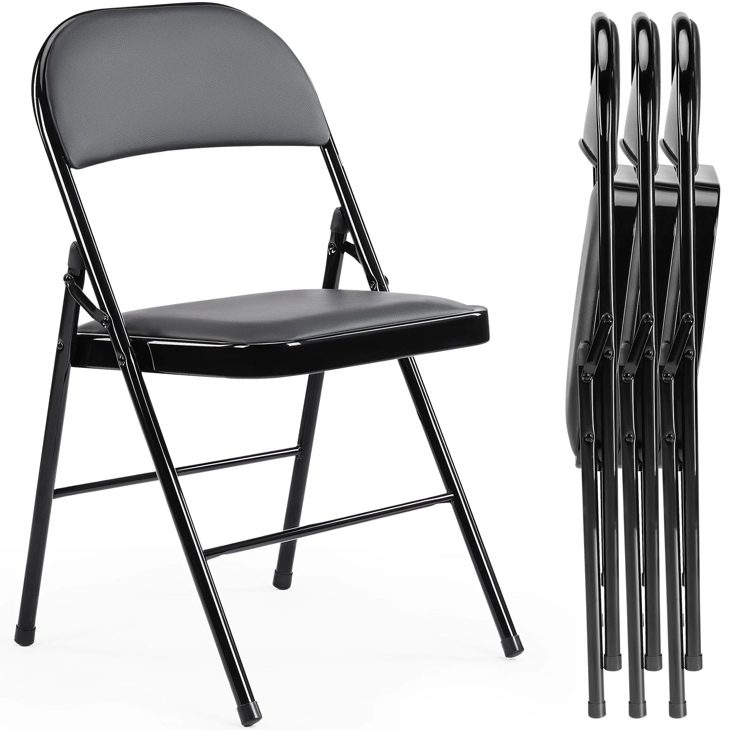 JHK Leather Padded Folding Chairs Set 4 Pack Sturdy Metal