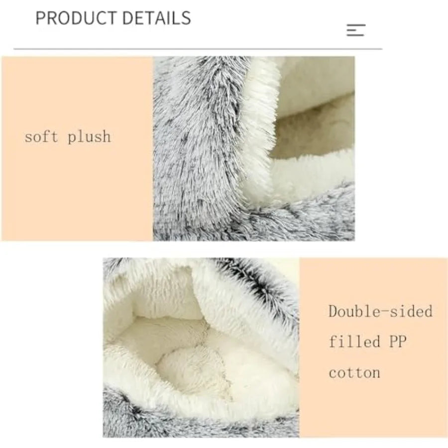 Hooded Cat Cave Bed For Small Pets, Plush Fur Nest