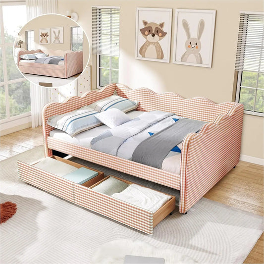 Wave Upholstered Storage Daybed Drawers USB Ports Modern Sofa Bed