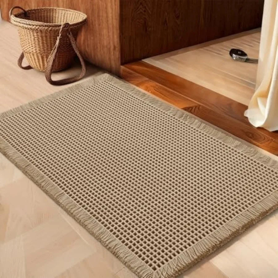 Boho Waffle Bath Mat Non Slip Absorbent Washable Tassel Rug