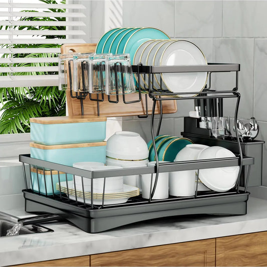 Two-Tier Dish Drying Rack for Kitchen Countertop, Large Capacity