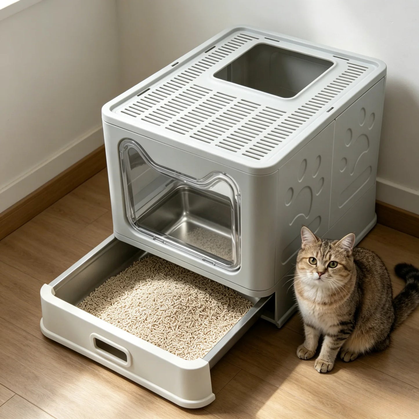 Plastic Cat Litter Box Front Entry Top Exit With Lid
