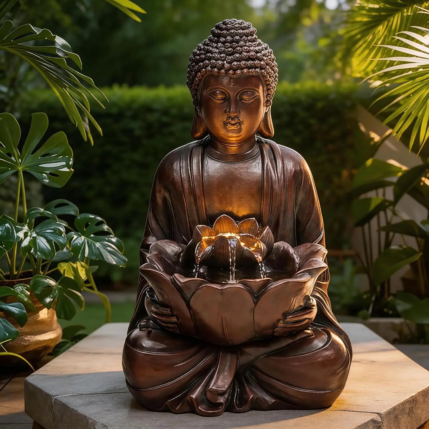 Buddha Outdoor Water Fountain Zen Style Garden With LED Lights