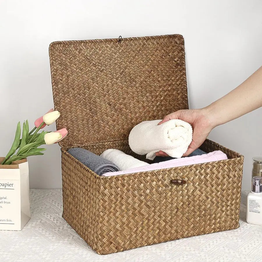 XMSJ Wicker Shelf Baskets With Lid Seagrass Storage Boxes