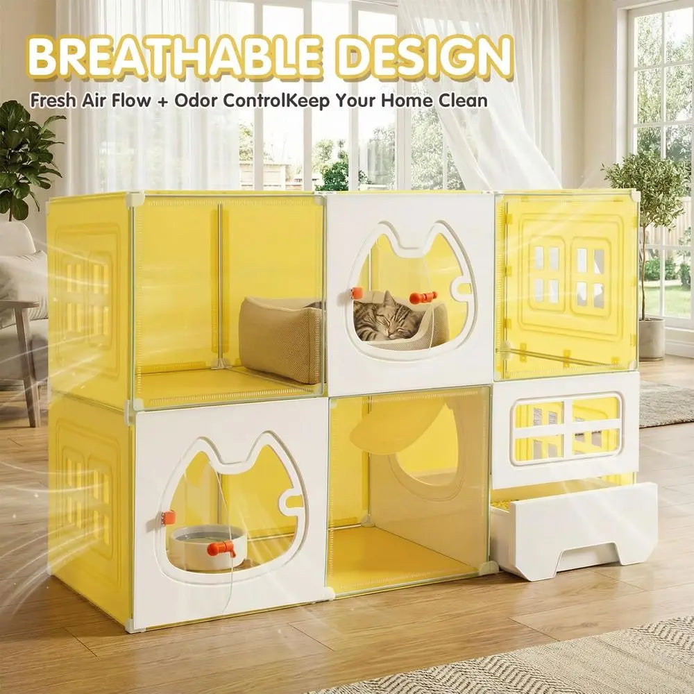 Two Tier Cat Enclosure With Integrated Litter Box And Window