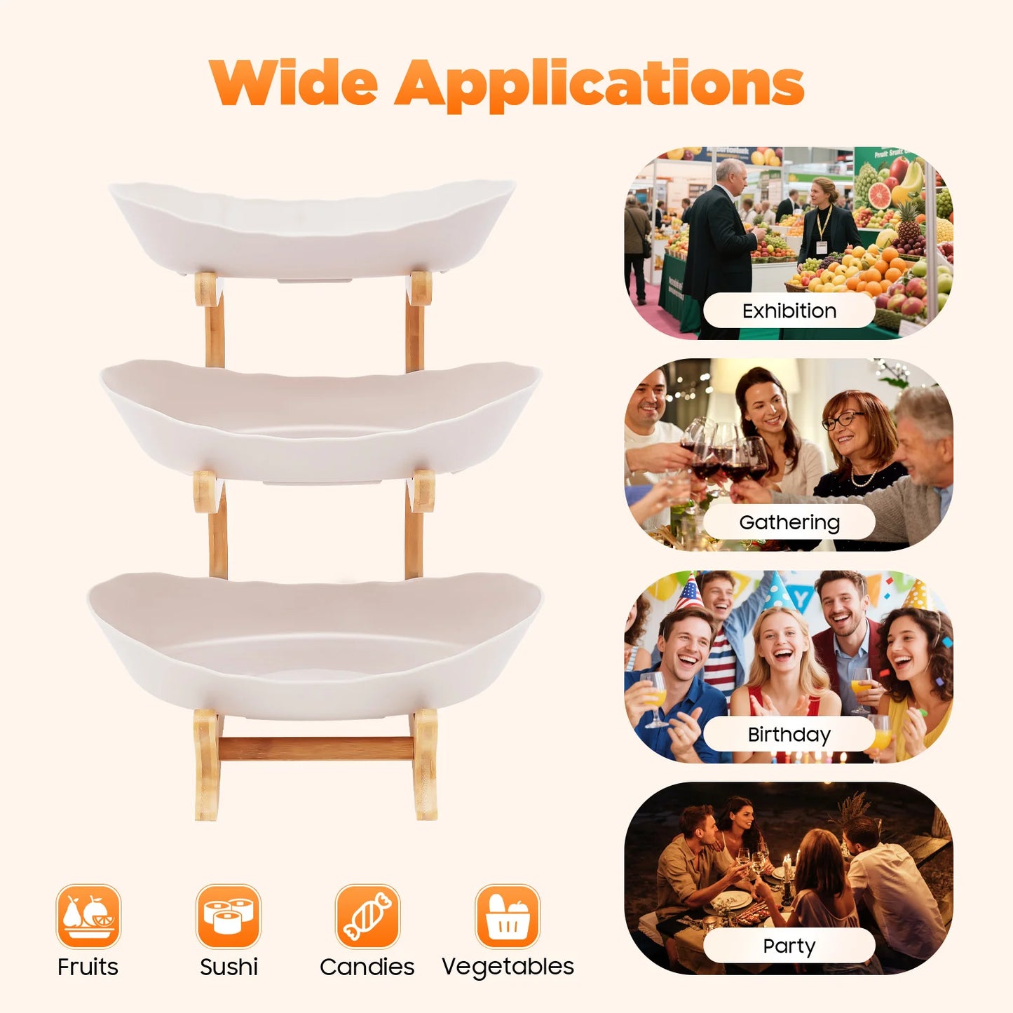 3 Tier Fruit Plate With Bamboo Stand For Party Desserts